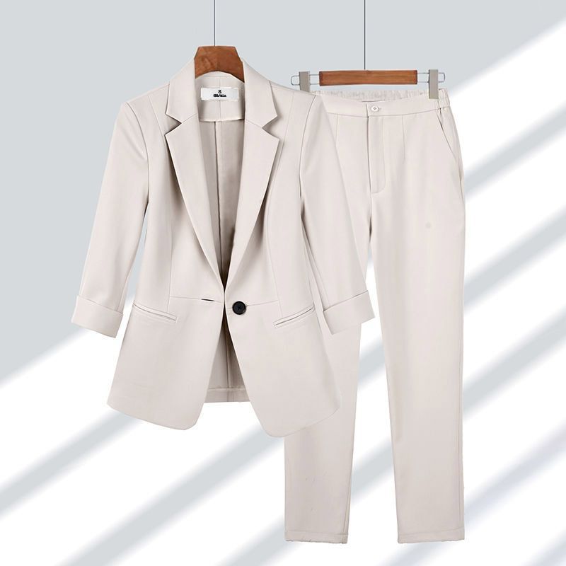 2pcs Casual Blazer Set Solid Color Lapel Single-breasted Jacket And Zipper Straight Pants Women's Office Business Suit LadyShow.Store