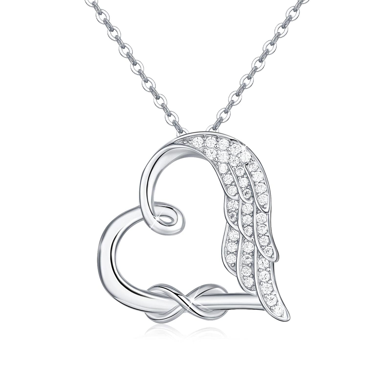 Sterling Silver Guardian Angel Wings Heart Shape Infinity Symbol Pendant Necklace For Women And Girls LadyShow.Store