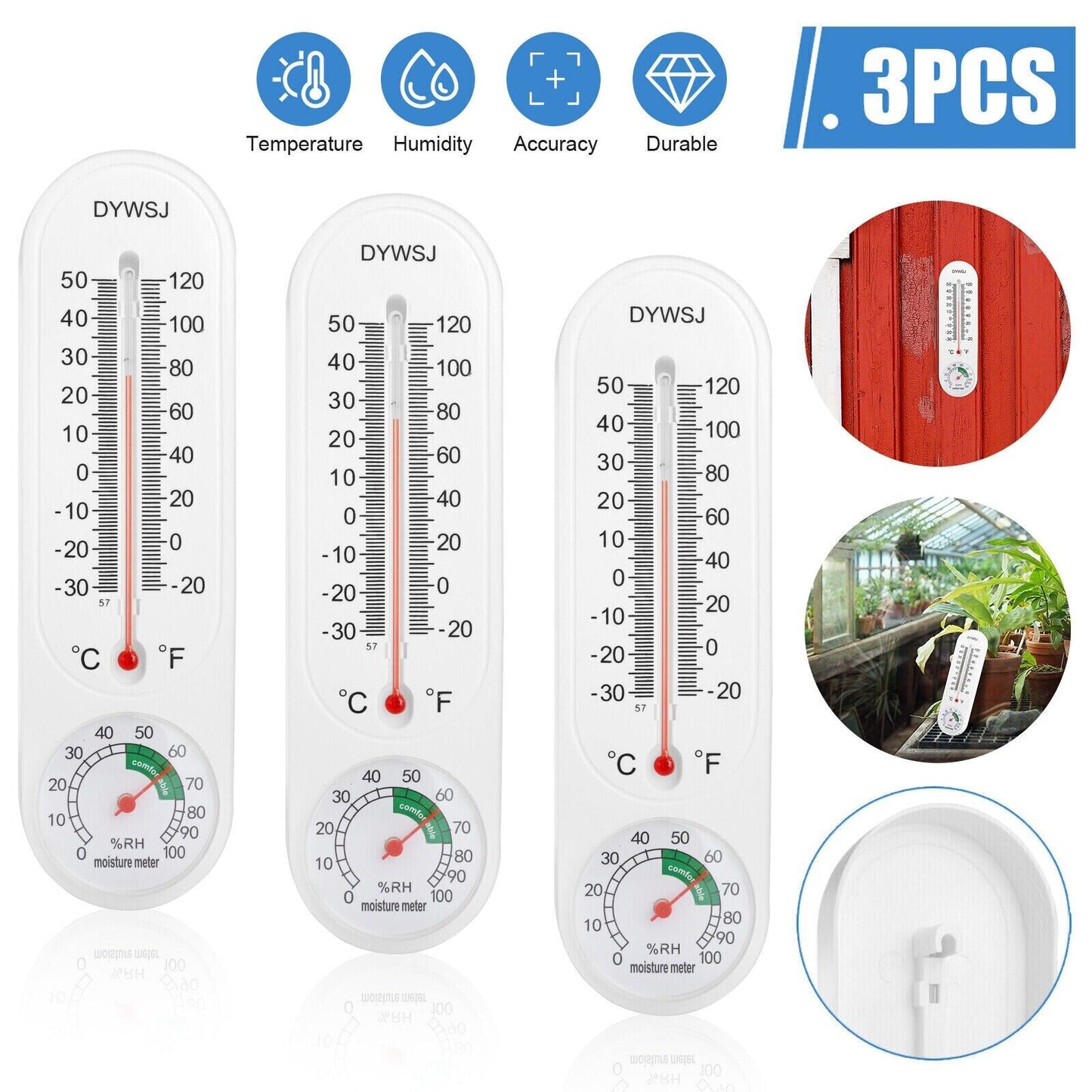 3PCS Wall Thermometer Indoor Outdoor Mount Garden Greenhouse Home Humidity Meter