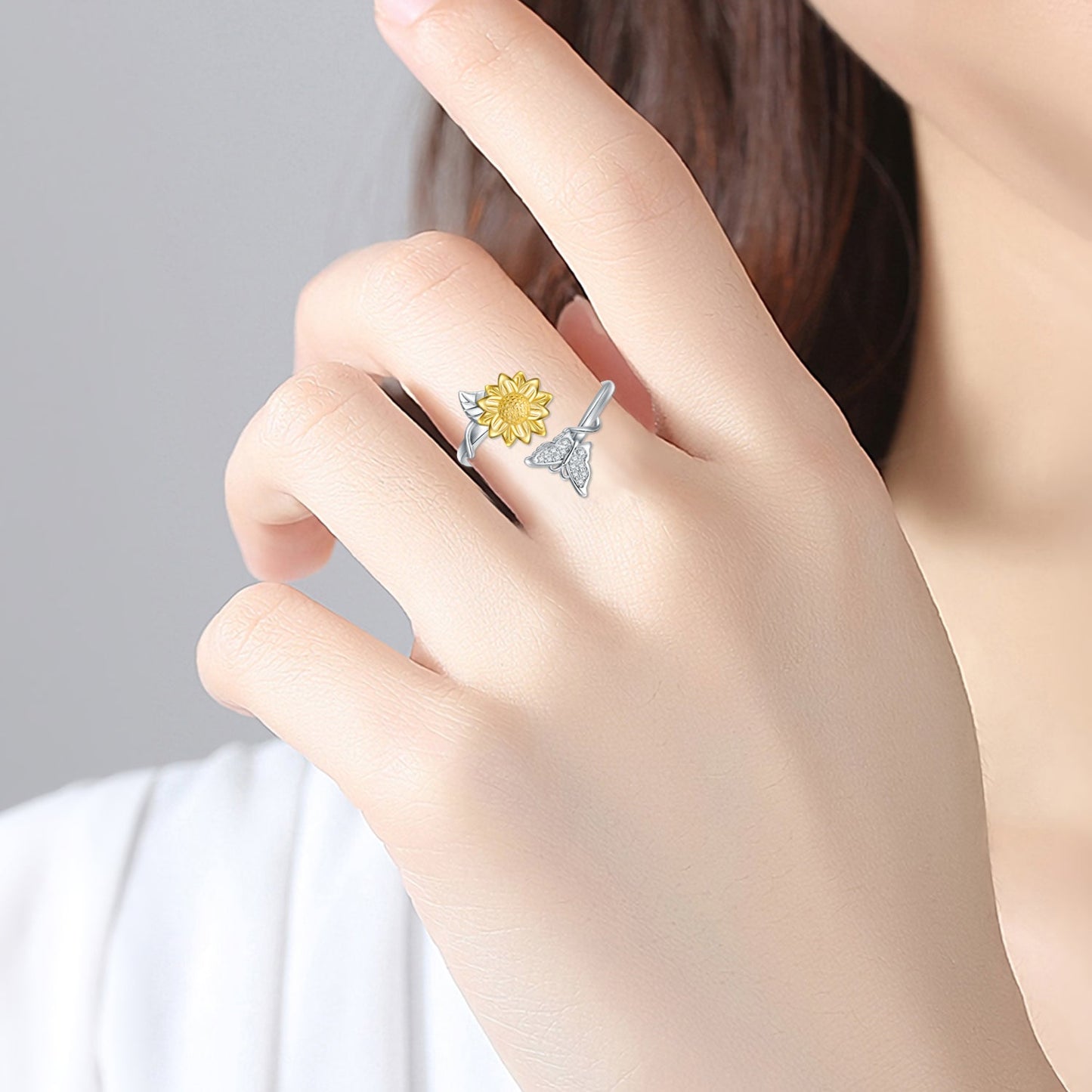 You Are My Sunshine Sunflower Butterfly Ring in Sterling Silver LadyShow.Store