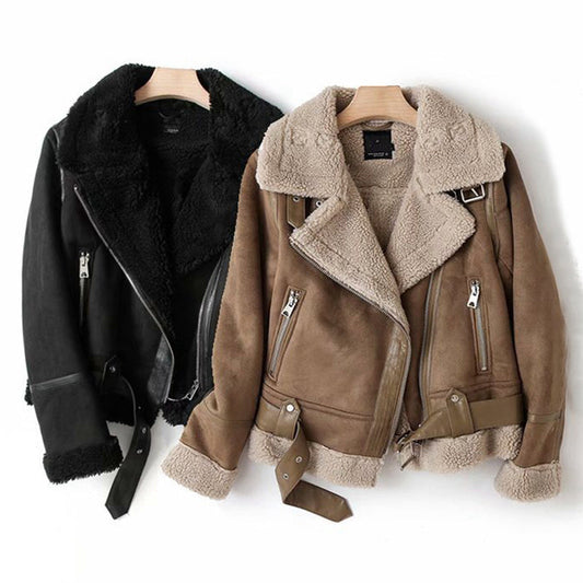 Women's Winter Suede Motorcycle Jacket - Lamb Wool Lined Lapel Coat in Black & Khaki LadyShow.Store