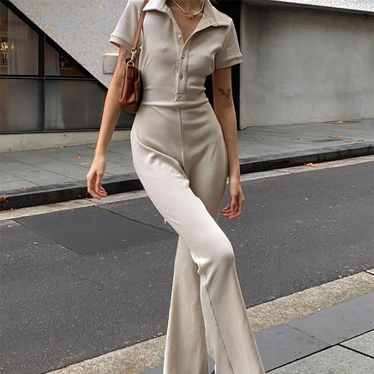 Women's Skinny Backless Lapel Button Jumpsuit LadyShow.Store