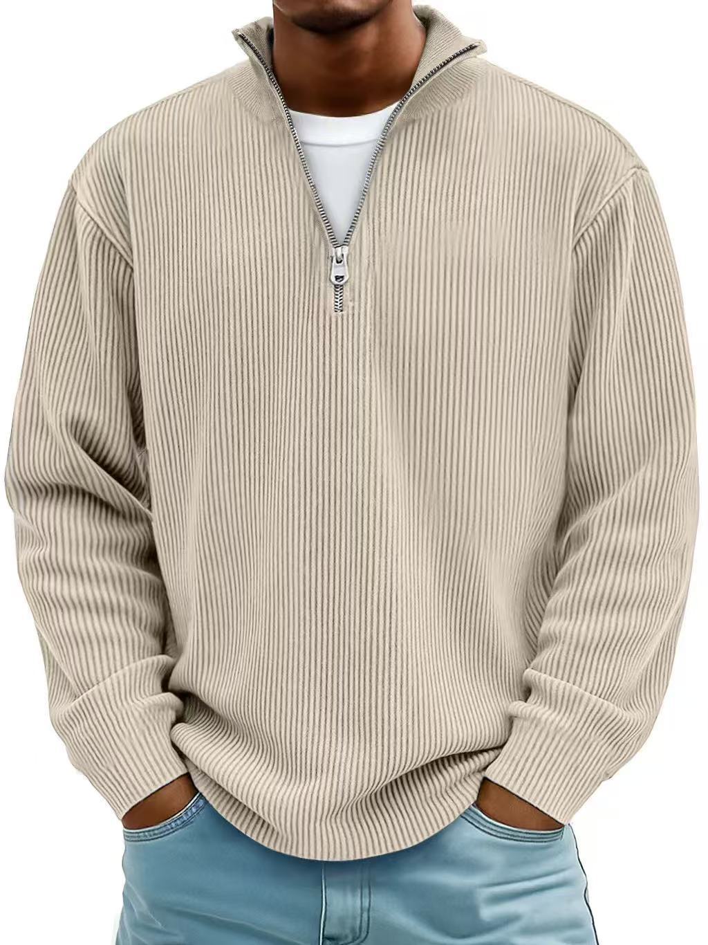 Corduroy Zipper Stand Collar Sweatshirt Fashion Warm Solid Color Long Sleeve Top Men's Casual Polo Shirt Clothing Best YouTube Store