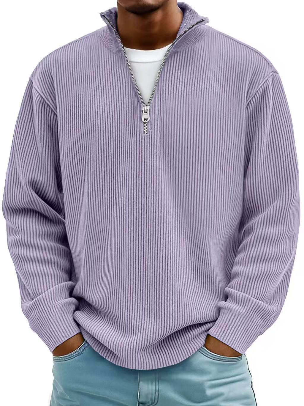 Corduroy Zipper Stand Collar Sweatshirt Fashion Warm Solid Color Long Sleeve Top Men's Casual Polo Shirt Clothing Best YouTube Store