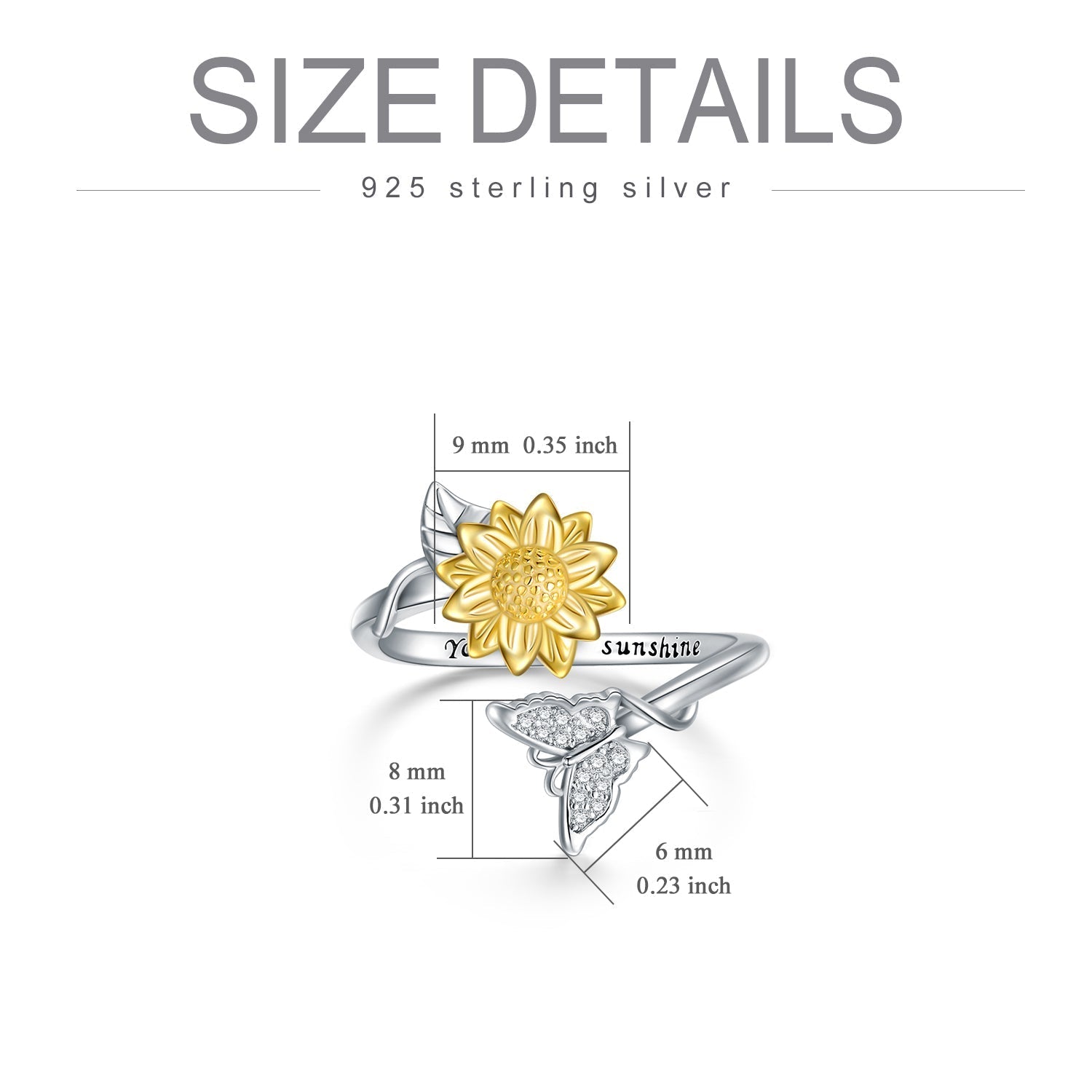 You Are My Sunshine Sunflower Butterfly Ring in Sterling Silver LadyShow.Store