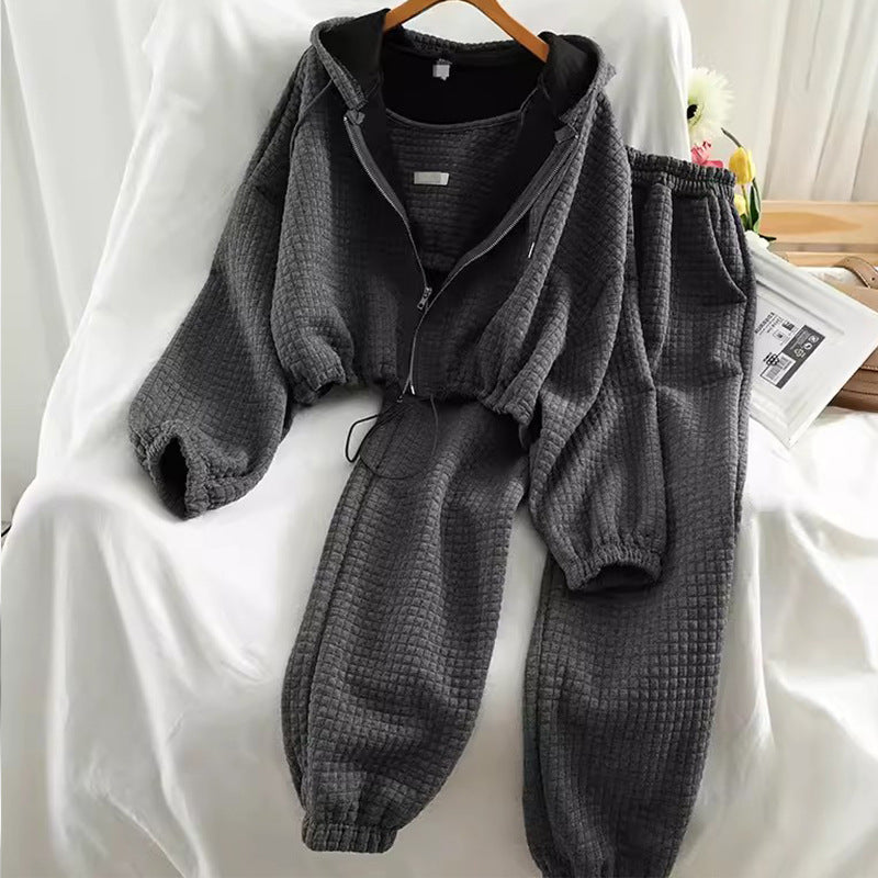 Japanese Korean Casual Hooded Cardigan Set - Zipper Sports Three Piece Suit (Black, Gray, White) LadyShow.Store