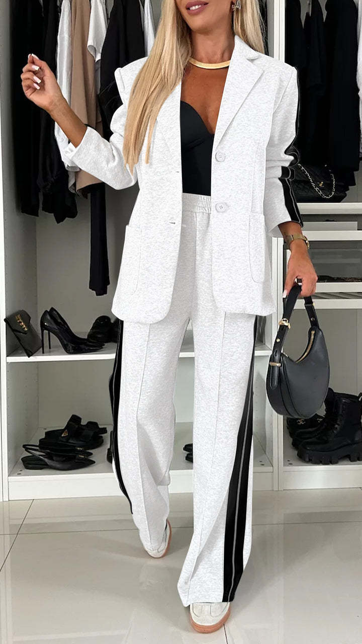 Women's Casual Suit Lapel Single-breasted Jacket And Striped Straight Pants Fashion Sports Trousers Suit Outerwears Clothing LadyShow.Store