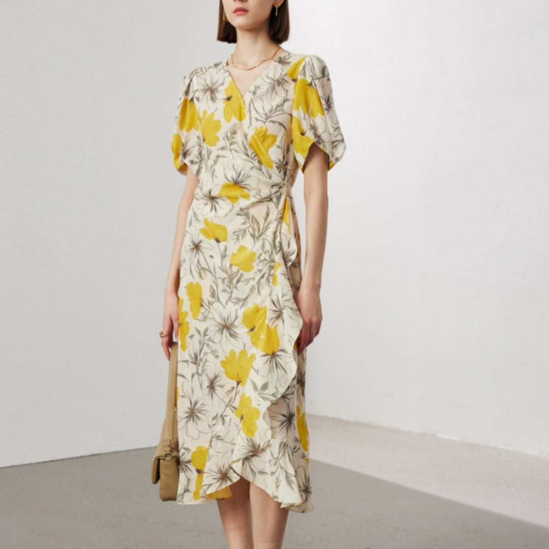 Women's Stomach Blanket-style Lace Printing Short-sleeved Silk Dress LadyShow.Store