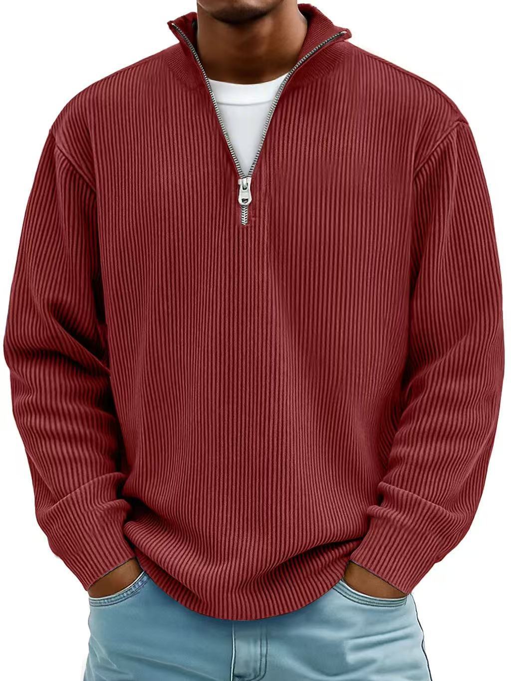 Corduroy Zipper Stand Collar Sweatshirt Fashion Warm Solid Color Long Sleeve Top Men's Casual Polo Shirt Clothing Best YouTube Store