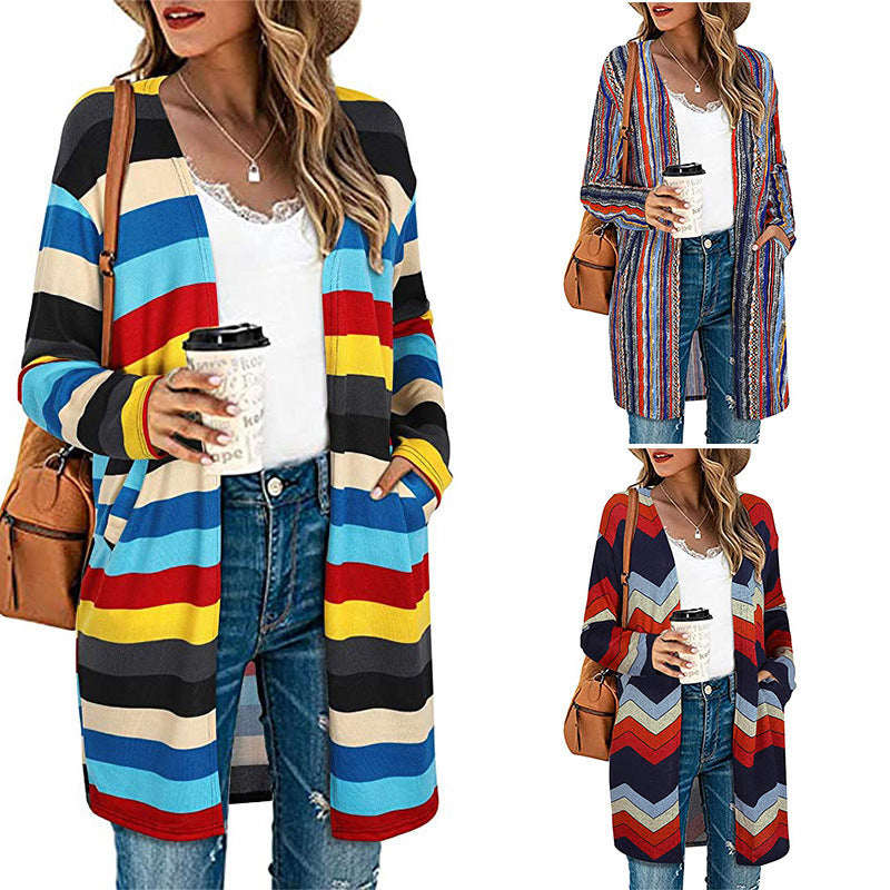 European And American Women's Jackets Striped Print Women's Cardigan Top LadyShow.Store