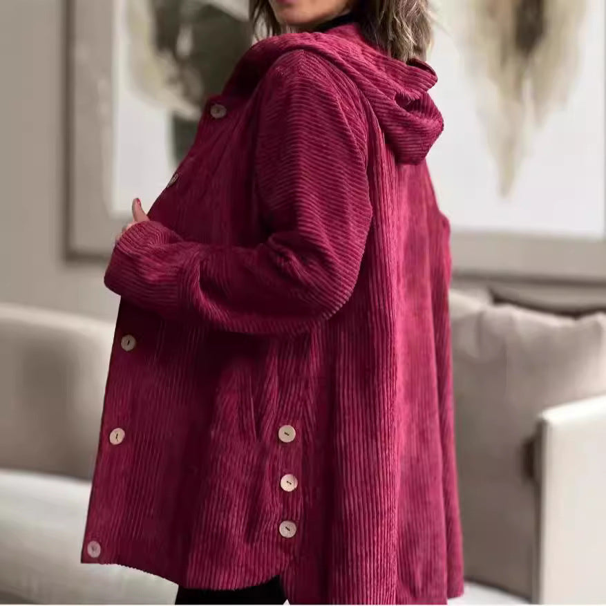 Women's Corduroy Hooded Jacket Fashion Warm Pockets Button Mid-length Top Casual Fall Winter Outwear Clothing Accent Plus