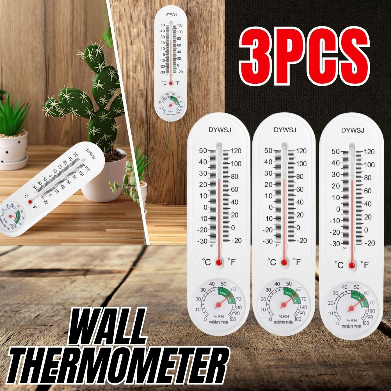 3PCS Wall Thermometer Indoor Outdoor Mount Garden Greenhouse Home Humidity Meter