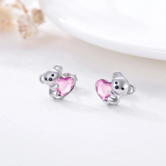 925 Sterling Silver Koala Bear Cute Animal Hypoallergenic Heart Crystal Earrings Jewellery LadyShow.Store