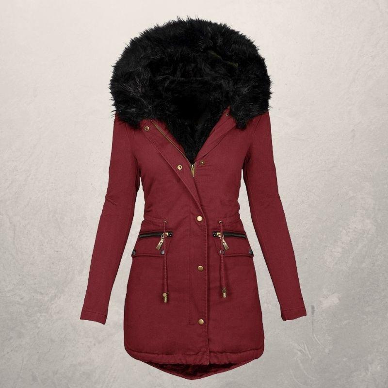 Medium Length Hooded Cotton Padded Jacket with Wool Collar Pi-Mart
