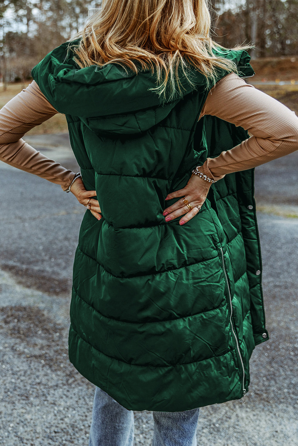 Black Hooded Long Quilted Vest PLUS Coat Threaded Pear