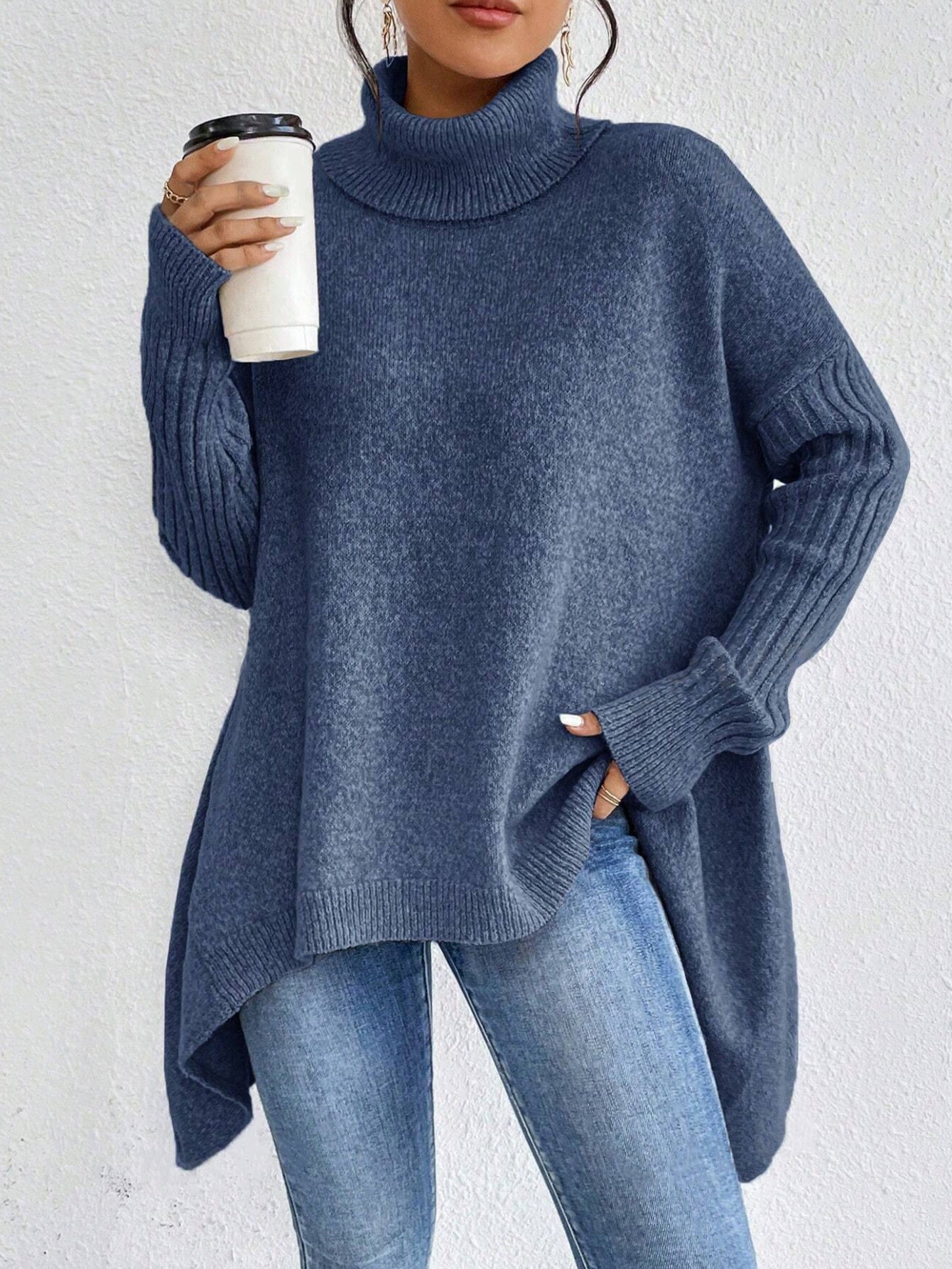 Irregular Turtleneck Sweater Winter Loose Long Sleeve Knitted Tops Leisure Warm Pullover Sweater Women's Clothing Best YouTube Store