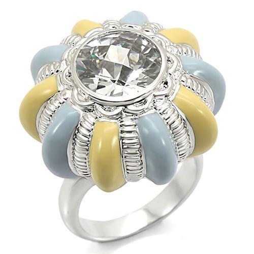 0W308 - Rhodium Brass Ring with AAA Grade CZ  in Clear-0