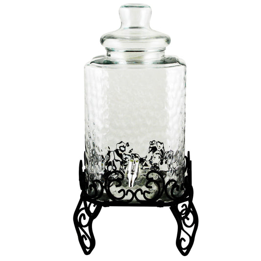 Gibson Home Moreauville 3 Piece 2.25 Gallon Square Embossed Glass Beverage Dispenser with Wire Stand W2B