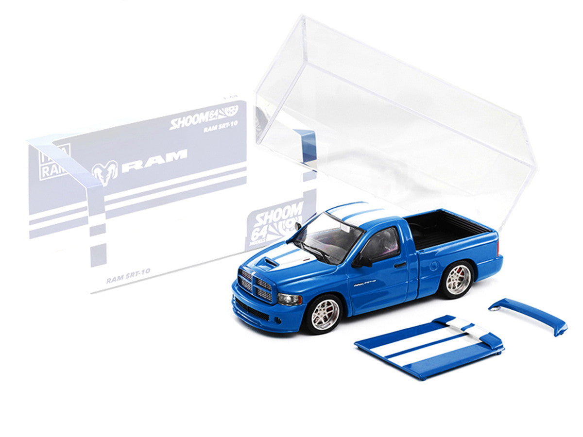 2003 Dodge Ram SRT-10 Pickup Truck Electric Blue Metallic with White Stripes 1/64 Diecast Model Car by Shoom64 Models-1