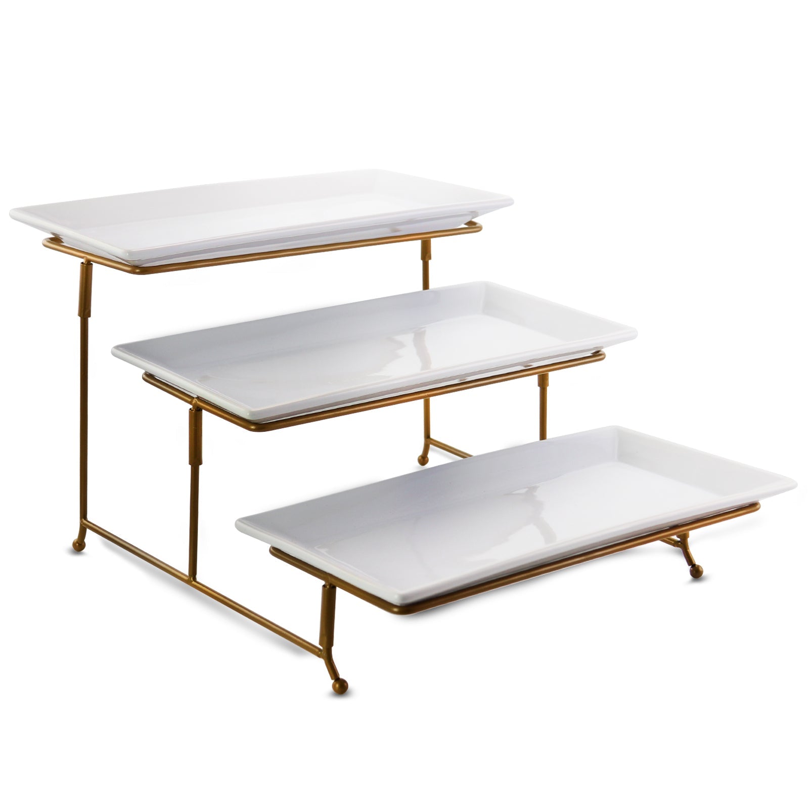 Gibson Elite Gracious Dining 3 Tiered Rectangle Porcelain Plate Set with Gold Metal Stand W2B