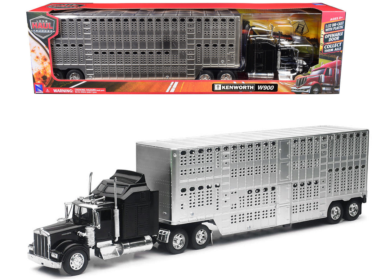 Kenworth W900 Truck Black with Pot Belly Livestock Chrome "Long Haul Truckers" Series 1/32 Diecast Model by New Ray New Ray