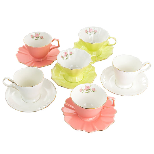 Meritage Montague 12 Piece Fine Ceramic Scalloped Cups with Saucers in 3 Assorted Designs W2B