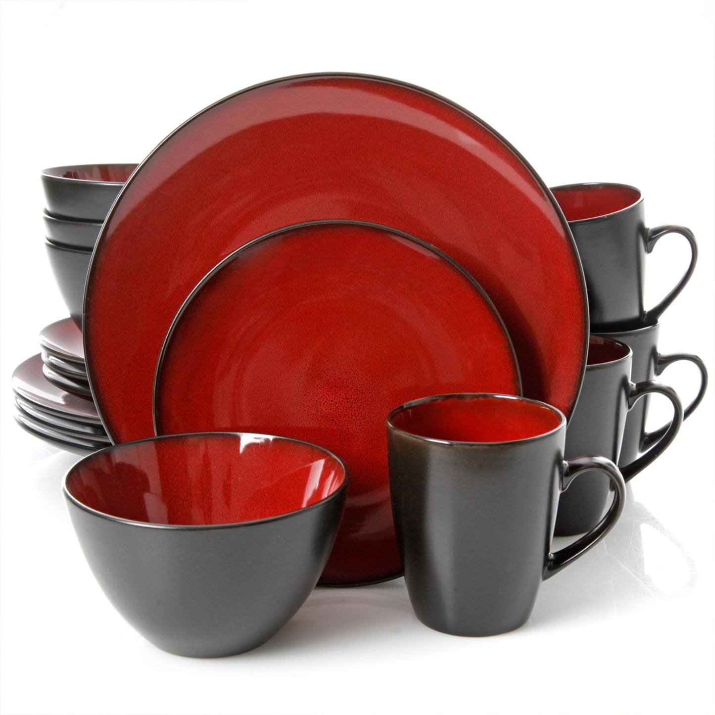 Gibson Soho Lounge Round 16 Piece Stoneware Dinnerware Set in Two Tone Burgundy/Black W2B