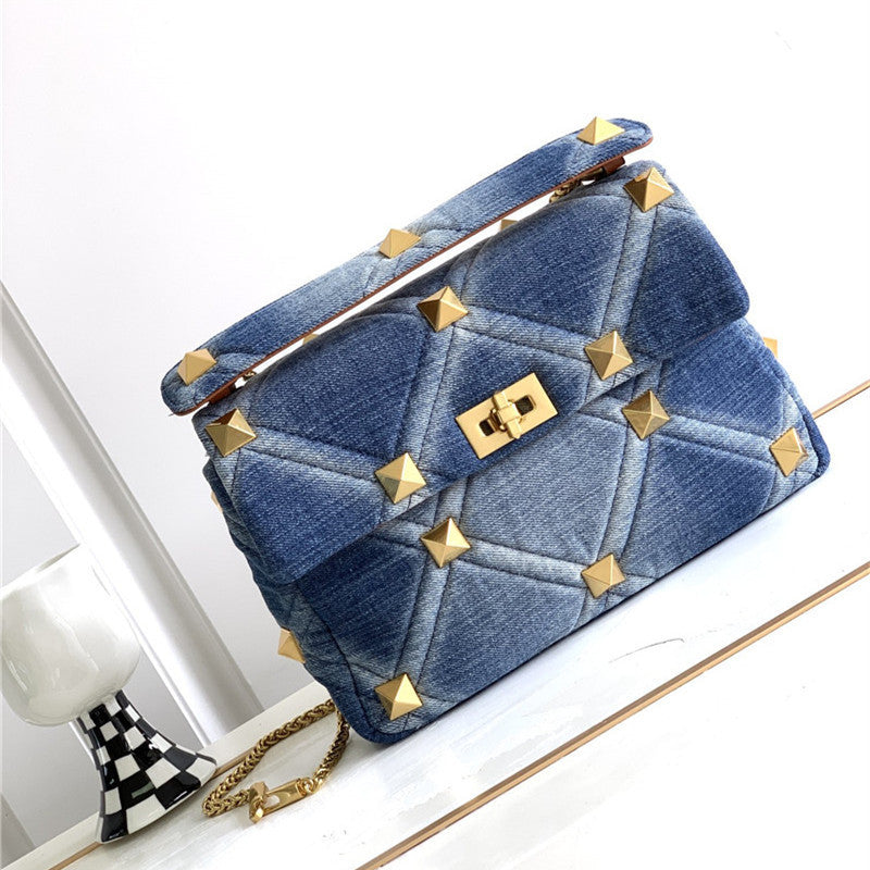 Denim With Cowhide Bag Large Rivet LadyShow.Store