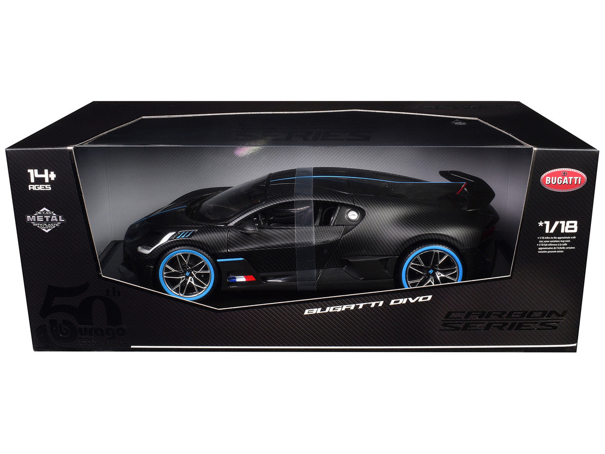 Bugatti Divo Carbon Fiber with Blue Accents "Carbon Series - Bburago 50th Anniversary" 1/18 Diecast Model Car by Bburago Bburago