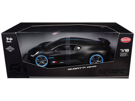 Bugatti Divo Carbon Fiber with Blue Accents "Carbon Series - Bburago 50th Anniversary" 1/18 Diecast Model Car by Bburago Bburago