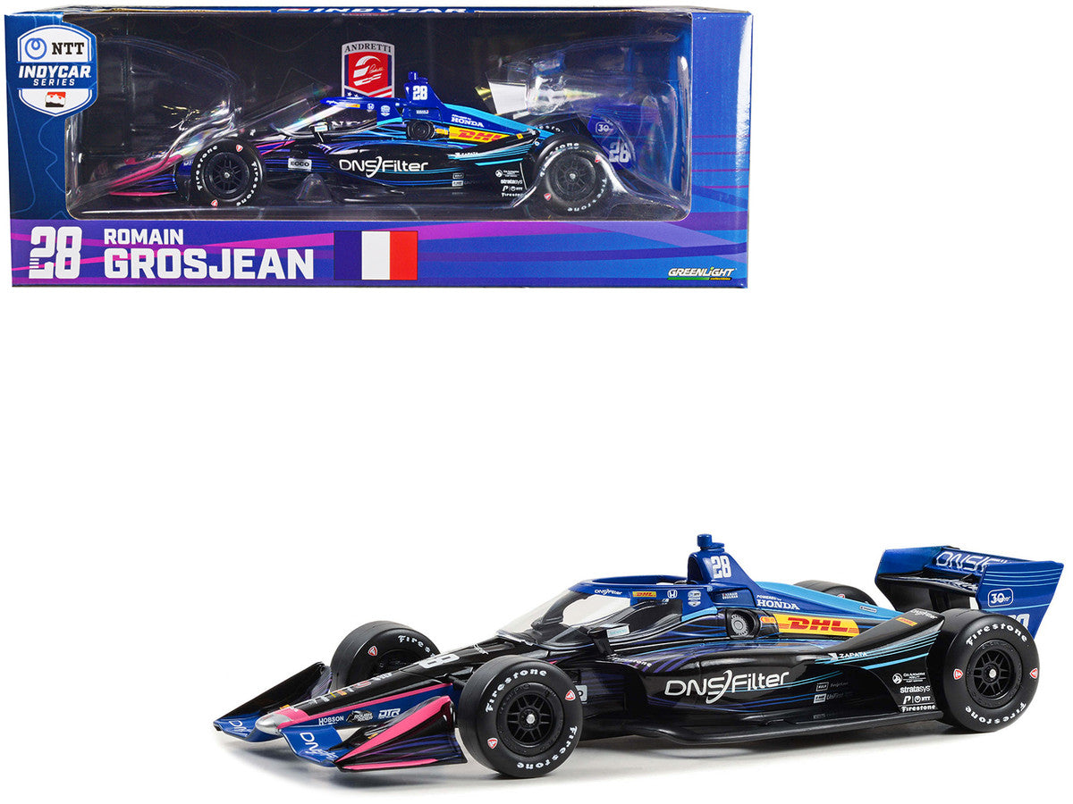 Dallara IndyCar #28 Romain Grosjean "DNSFilter" Andretti Autosport (Road Course Configuration) "NTT IndyCar Series" (2023) 1/18 Diecast Model Car by Greenlight Greenlight