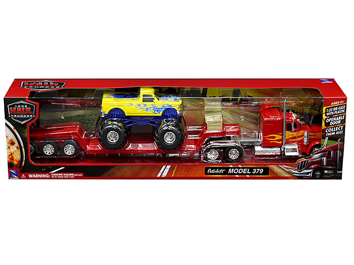 Peterbilt 379 Truck with Lowboy Trailer Red with Orange Flames and Monster Truck Yellow with Blue Flames "Long Haul Truckers" Series 1/32 Diecast Model by New Ray New Ray