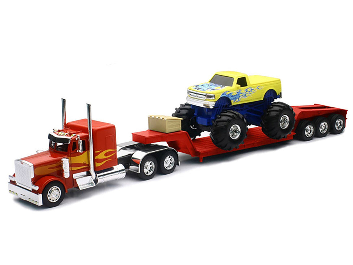 Peterbilt 379 Truck with Lowboy Trailer Red with Orange Flames and Monster Truck Yellow with Blue Flames "Long Haul Truckers" Series 1/32 Diecast Model by New Ray New Ray