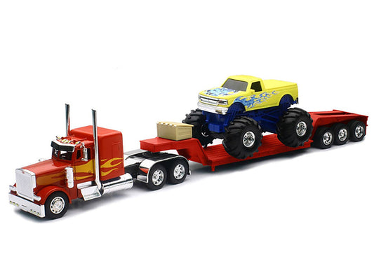Peterbilt 379 Truck with Lowboy Trailer Red with Orange Flames and Monster Truck Yellow with Blue Flames "Long Haul Truckers" Series 1/32 Diecast Model by New Ray New Ray