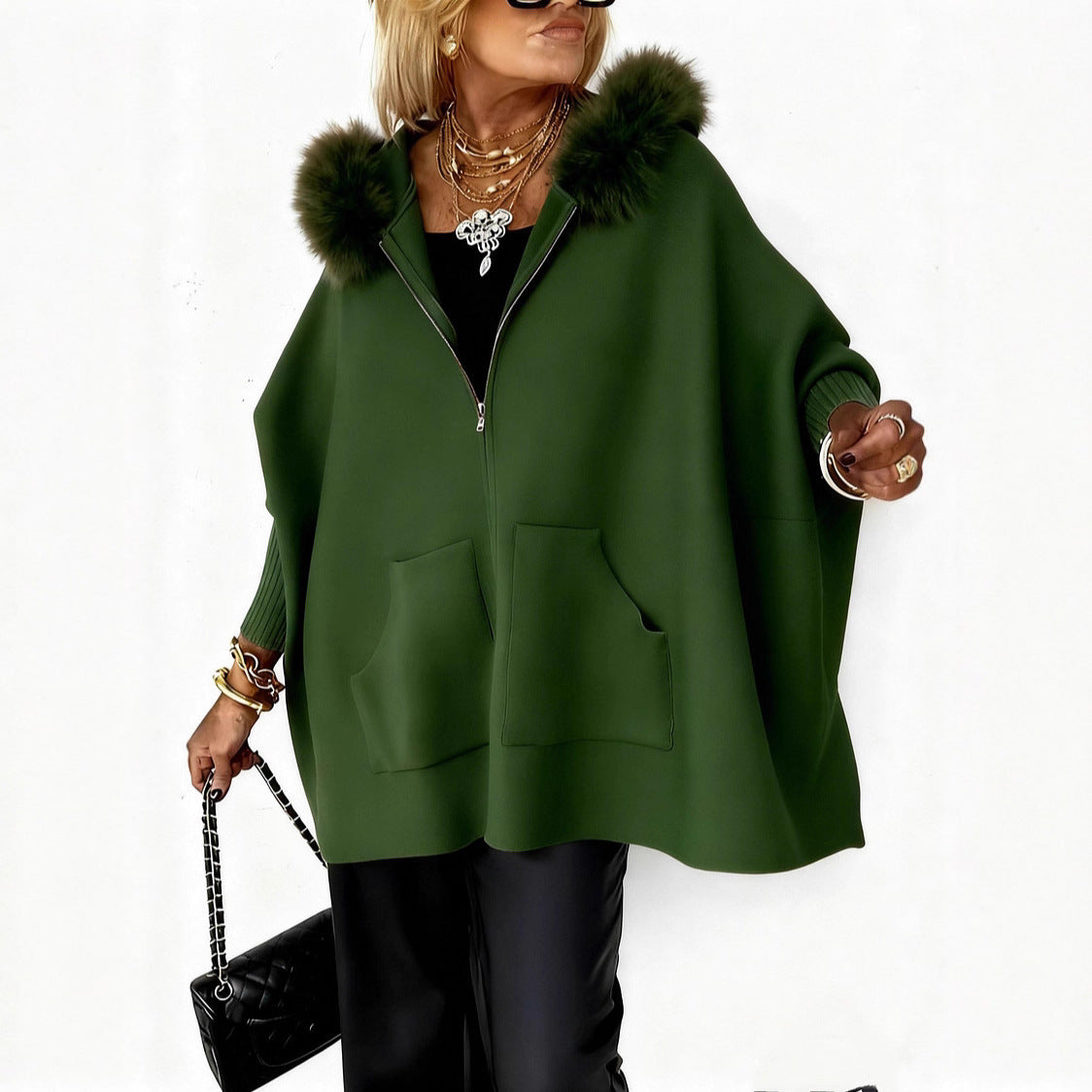 Ins Plush Hooded Cardigan Fashion Warm Pockets Zip-up Knitted Jacket Casual Outerwear Batwing Sleeve Sweater Women's Clothing Best YouTube Store