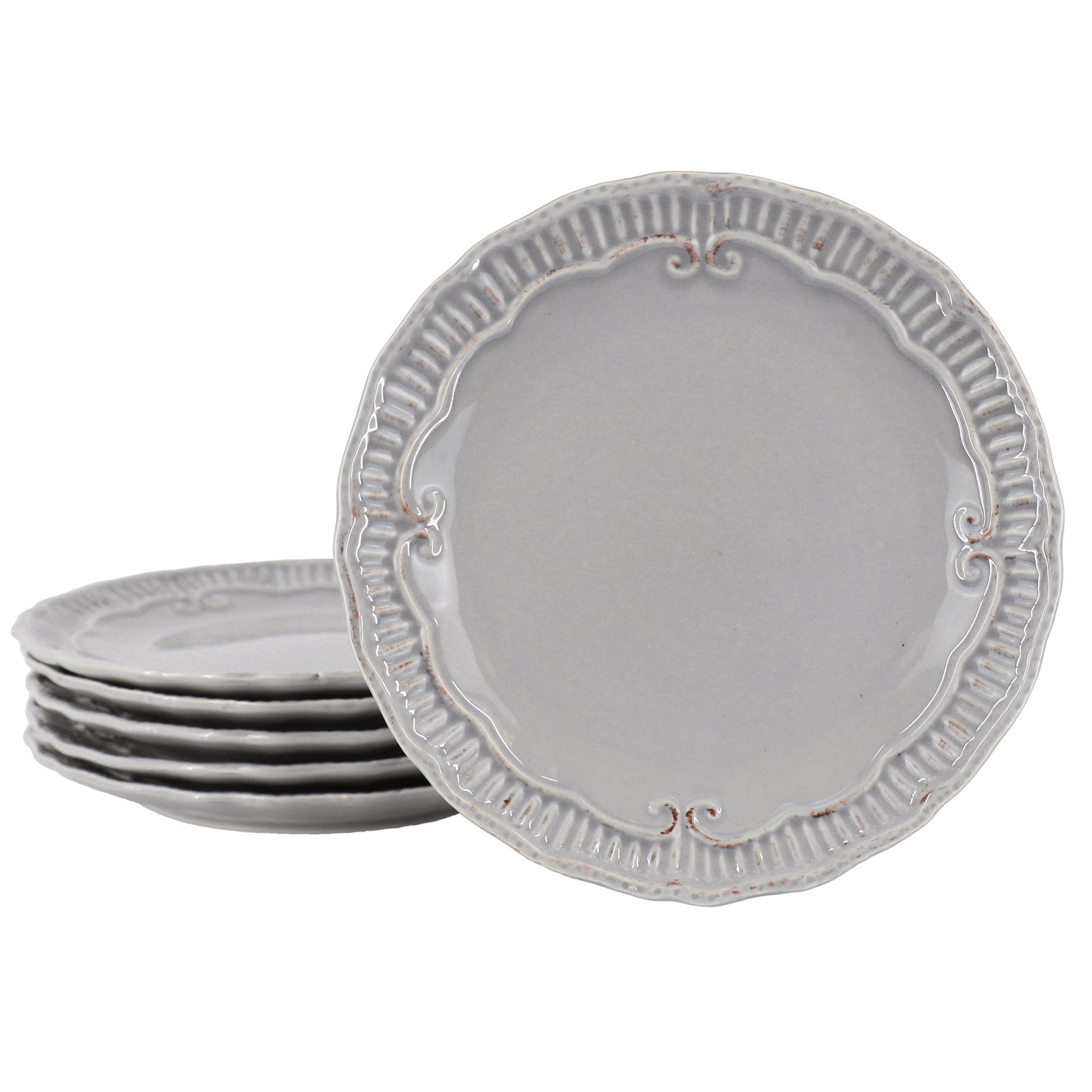 Modern Southern Home Capri 6 Piece 9 Inch Stoneware Embossed Dessert Plate Set in Grey W2B