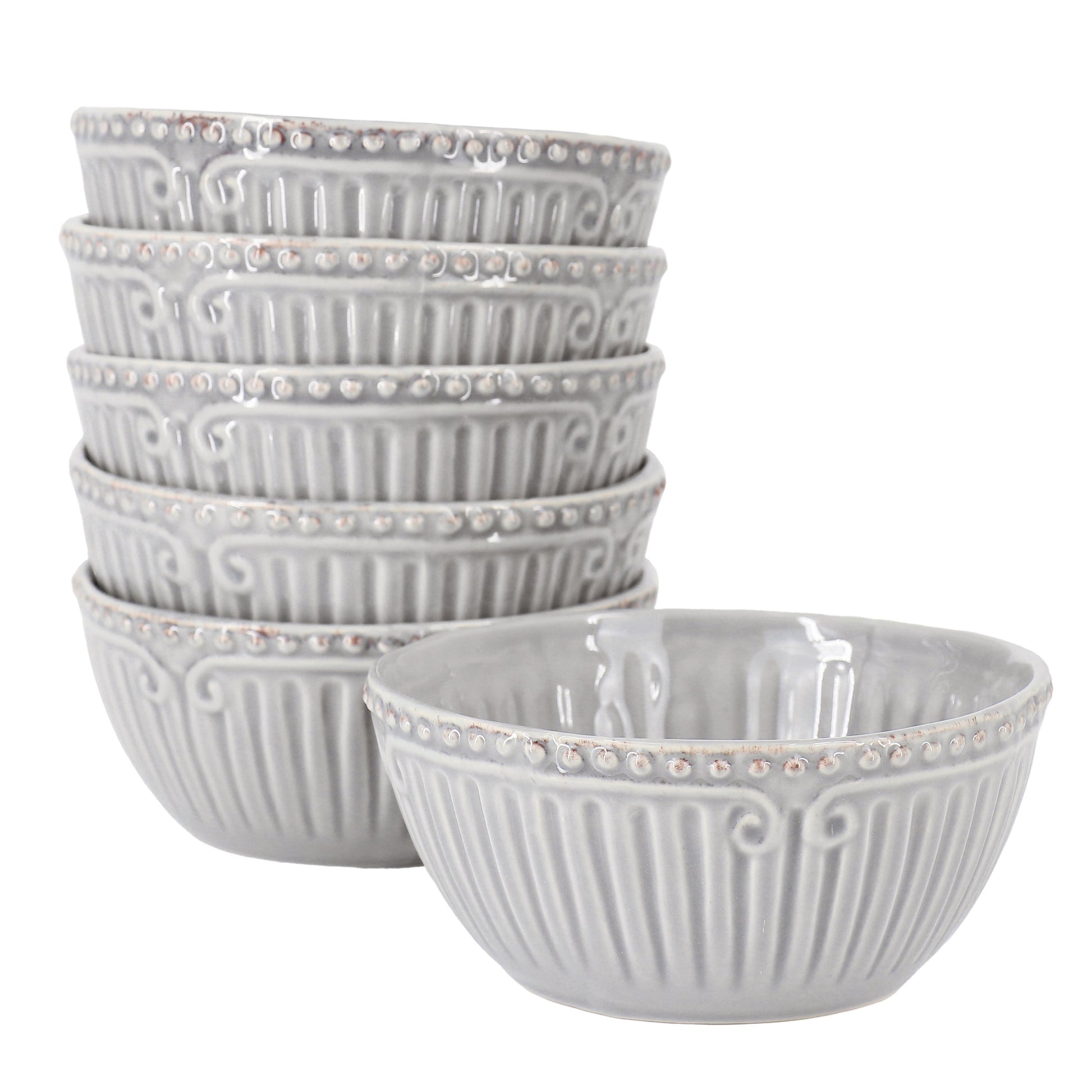 Modern Southern Home Capri 6 Piece 6 Inch Stoneware Embossed Cereal Bowl Set in Grey W2B