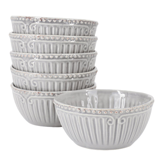 Modern Southern Home Capri 6 Piece 6 Inch Stoneware Embossed Cereal Bowl Set in Grey W2B