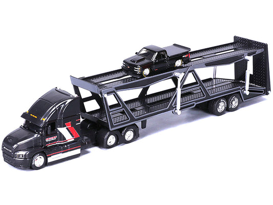 Mack Anthem Open Car Hauler Black with Red and White Stripes "Kenzie's Transport Services" and 1993 Chevrolet 454 SS Pickup Truck Black "Transporters" Series 1/64 Diecast Models by Maisto Maisto