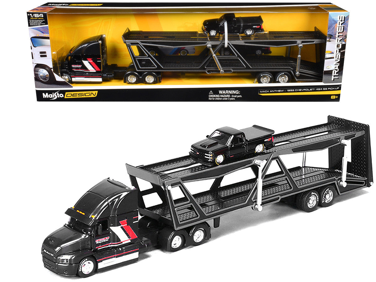 Mack Anthem Open Car Hauler Black with Red and White Stripes "Kenzie's Transport Services" and 1993 Chevrolet 454 SS Pickup Truck Black "Transporters" Series 1/64 Diecast Models by Maisto Maisto