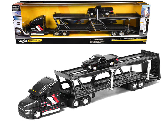 Mack Anthem Open Car Hauler Black with Red and White Stripes "Kenzie's Transport Services" and 1993 Chevrolet 454 SS Pickup Truck Black "Transporters" Series 1/64 Diecast Models by Maisto Maisto