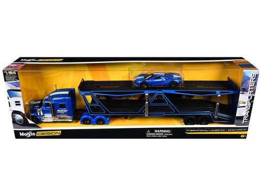 International Lonestar "BlackTop Transport" Open Car Hauler Blue Metallic with White Stripes and Graphics and 2019 Ford GT Blue Metallic with White Stripes "Transporters" Series 1/64 Diecast Models by Maisto Maisto