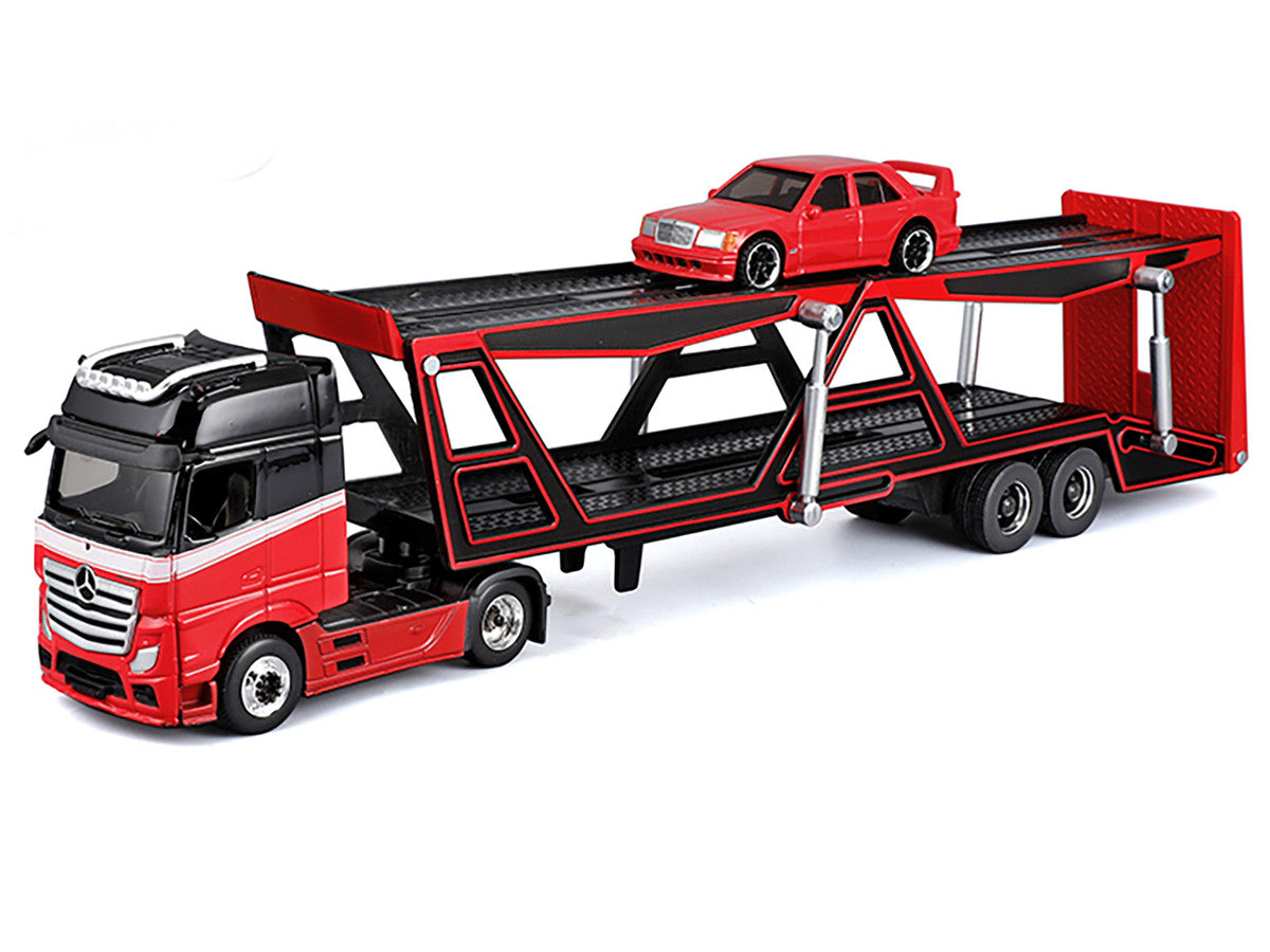 Mercedes-Benz Actros Open Car Hauler Red and Black with White Stripes and 1990 Mercedes-Benz 190E Red "Transporters" Series 1/64 Diecast Models by Maisto Maisto