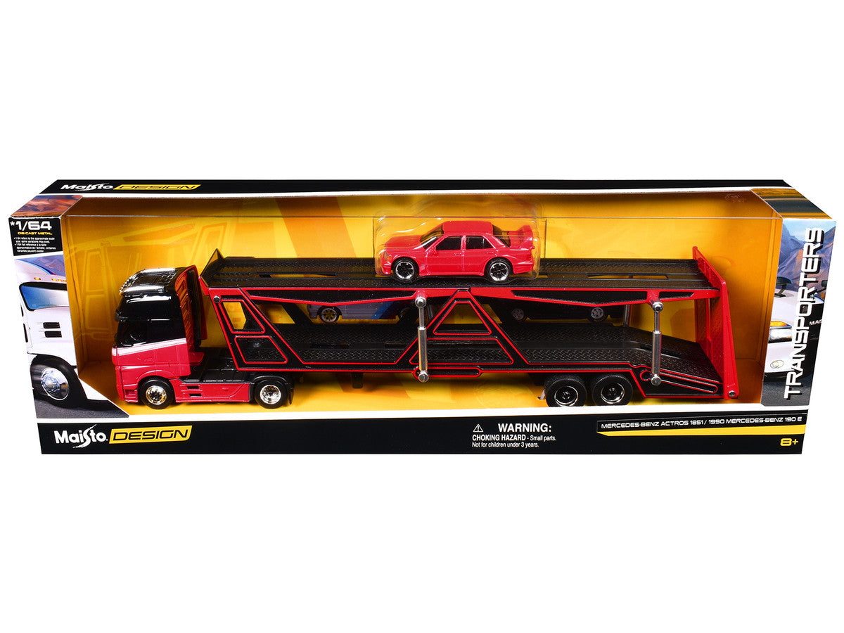 Mercedes-Benz Actros Open Car Hauler Red and Black with White Stripes and 1990 Mercedes-Benz 190E Red "Transporters" Series 1/64 Diecast Models by Maisto Maisto
