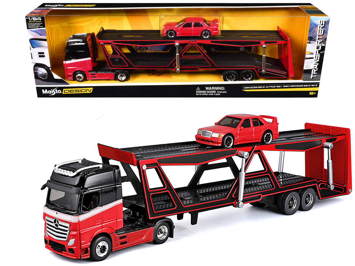 Mercedes-Benz Actros Open Car Hauler Red and Black with White Stripes and 1990 Mercedes-Benz 190E Red "Transporters" Series 1/64 Diecast Models by Maisto Maisto