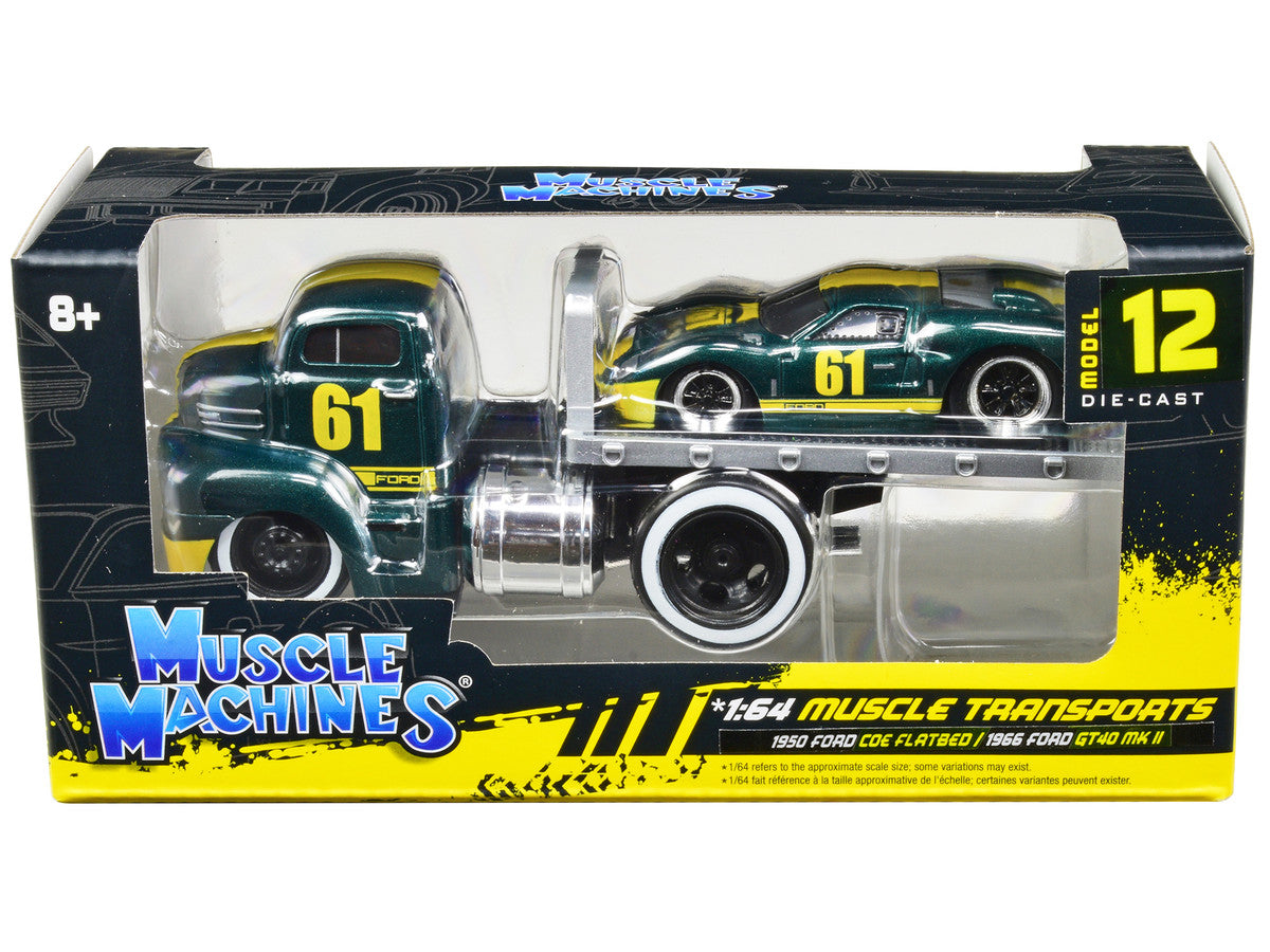 1950 Ford COE Flatbed Truck #61 and 1966 Ford GT40 MK II #61 Green Metallic with Yellow Stripes "Muscle Transports" Series 1/64 Diecast Model Cars by Muscle Machines Muscle Machines