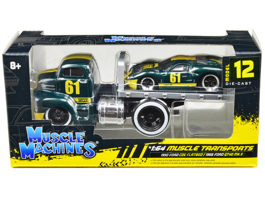 1950 Ford COE Flatbed Truck #61 and 1966 Ford GT40 MK II #61 Green Metallic with Yellow Stripes "Muscle Transports" Series 1/64 Diecast Model Cars by Muscle Machines Muscle Machines