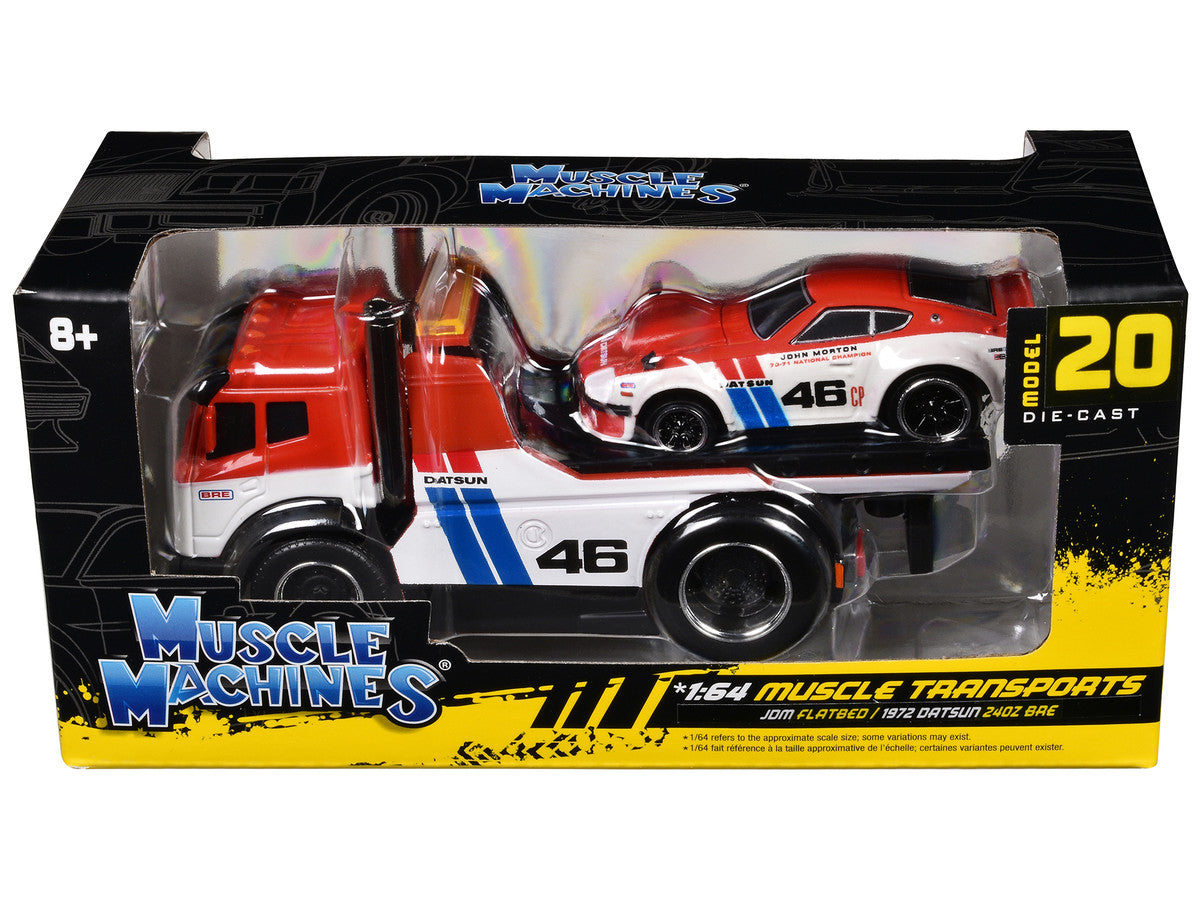 JDM Flatbed Truck #46 Red and White with Blue Stripes and 1972 Datsun 240Z #46 Red and White with Blue Stripes "BRE" "Muscle Transports" Series 1/64 Diecast Models by Muscle Machines Muscle Machines