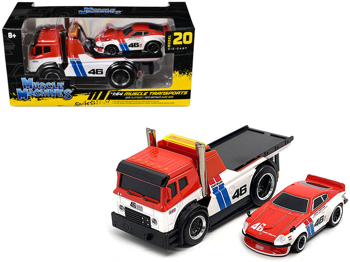 JDM Flatbed Truck #46 Red and White with Blue Stripes and 1972 Datsun 240Z #46 Red and White with Blue Stripes "BRE" "Muscle Transports" Series 1/64 Diecast Models by Muscle Machines Muscle Machines