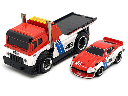 JDM Flatbed Truck #46 Red and White with Blue Stripes and 1972 Datsun 240Z #46 Red and White with Blue Stripes "BRE" "Muscle Transports" Series 1/64 Diecast Models by Muscle Machines Muscle Machines